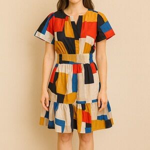 Anthropologie Color Block Mini Dress in Red, Blue, and Tan